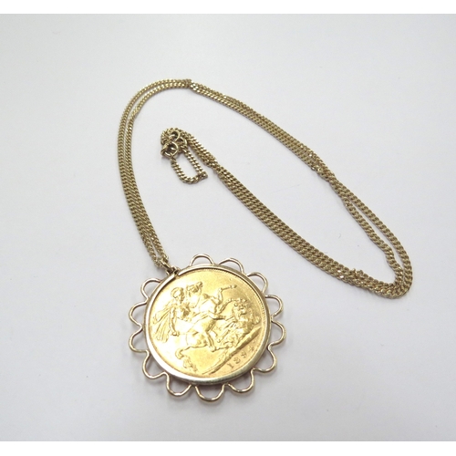 6059 - An 1894 gold sovereign in 9ct gold pendant mount hung on a 9ct gold chain, 50cm long, 12.9g total