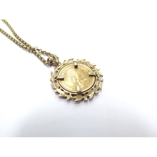 6249 - A 1982 gold half sovereign in 9ct gold pendant mount hung on 9ct gold chain, 65cm long, 17.7g