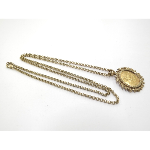 6249 - A 1982 gold half sovereign in 9ct gold pendant mount hung on 9ct gold chain, 65cm long, 17.7g