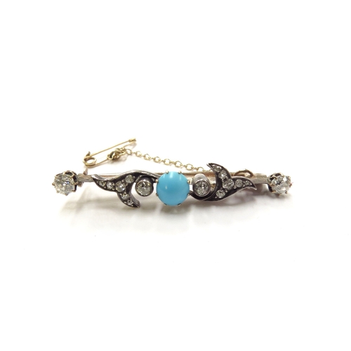 6139 - An old cut diamond and turquoise bar brooch with scroll decoration, unmarked, 4.7cm long, 4.5g