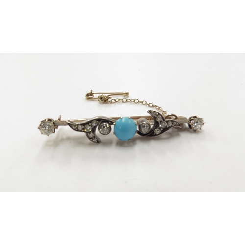 6139 - An old cut diamond and turquoise bar brooch with scroll decoration, unmarked, 4.7cm long, 4.5g