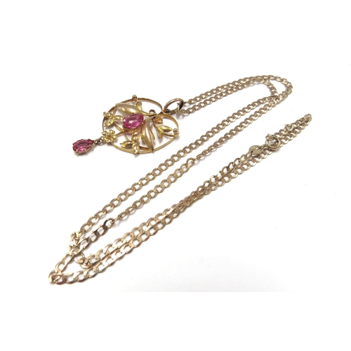 6319 - A 9ct gold chain, 46cm long hung with a gold Edwardian style pendant set with pink stones and drople... 