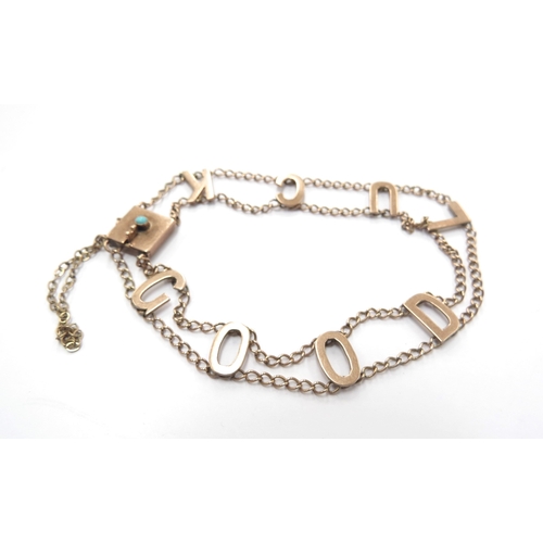 6146 - A rose gold ‘Good Luck’ bracelet, stamped 9ct, 18cm long, with turquoise cabochon on clasp, 5.7g