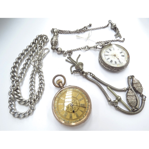 6423 - A Continental silver pocket watch with three watch chains and a pocket watch with gold outer case st... 