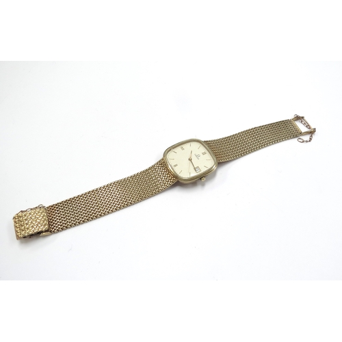 6350 - A 9ct gold Omega gent's wristwatch, hour baton markers. gold strap, with box, 59.5g total