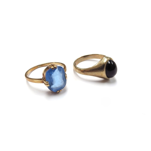 6315 - A 9ct gold black onyx cabochon ring, size L, 3.6g and a gold ring with blue stone, marks rubbed, siz... 