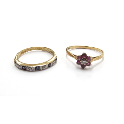 6079 - An 18ct gold ruby and diamond daisy ring. Size K and an 18ct gold sapphire and diamond half hoop. Si... 