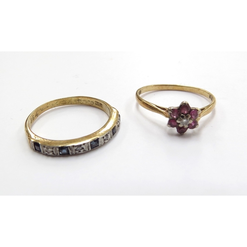 6079 - An 18ct gold ruby and diamond daisy ring. Size K and an 18ct gold sapphire and diamond half hoop. Si... 