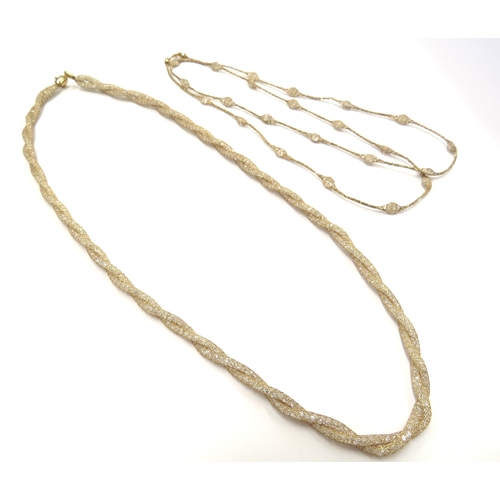 6176 - Two 9ct gold mesh necklaces both with crystal inset to inside of chain, 60cm and 45cm long, 14.7g to... 