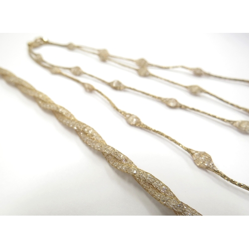 6176 - Two 9ct gold mesh necklaces both with crystal inset to inside of chain, 60cm and 45cm long, 14.7g to... 