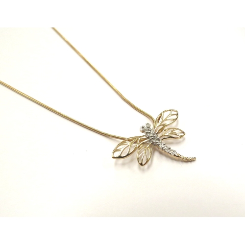 6367 - A 9ct gold chain hung with a diamond set dragonfly pendant, 40cm long, 3.8g