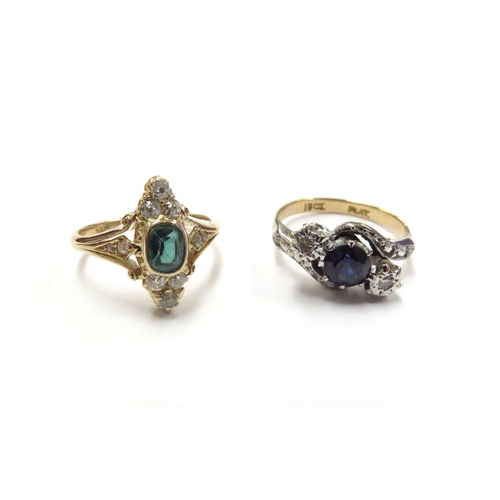 6402 - An 18ct gold emerald and old cut diamond ring, size I, 2.8g and a blue stone and diamond ring stampe... 