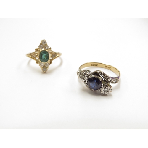 6402 - An 18ct gold emerald and old cut diamond ring, size I, 2.8g and a blue stone and diamond ring stampe... 