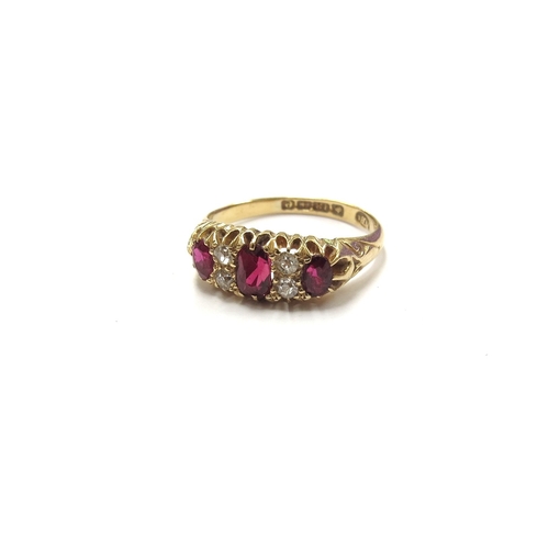 6397 - An 18ct gold ruby and diamond seven stone ring, Birmingham 1904. Size L, 3.2g