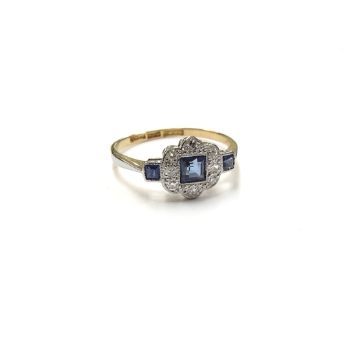 6029 - An Art Deco style square cut sapphire and diamond ring, stamped 18ct/plat. Size P, 2.3g