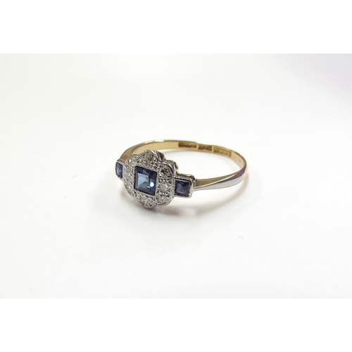 6029 - An Art Deco style square cut sapphire and diamond ring, stamped 18ct/plat. Size P, 2.3g