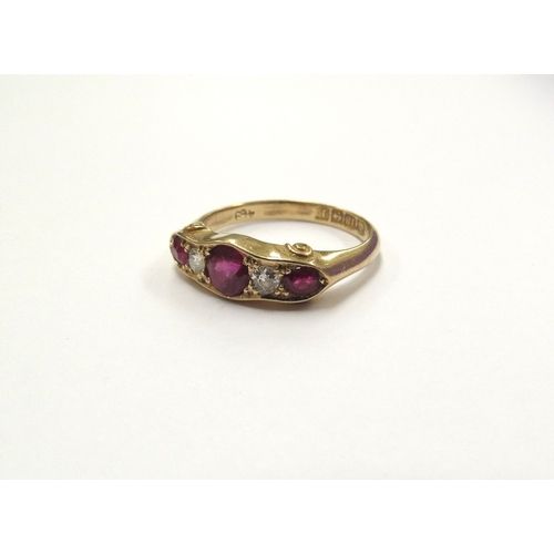 6030 - An 18ct gold five stone ruby and diamond ring, Birmingham. Size N, 3.5g