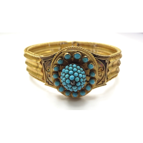 6248 - A Victorian bracelet with domed turquoise centre oval with vacant glass panel to back, gold woven br... 