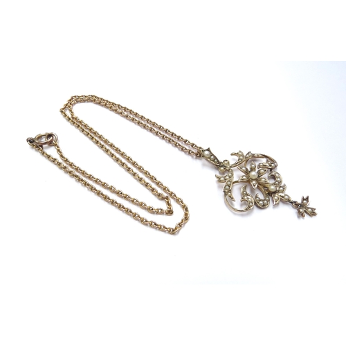 6188 - A gold chain stamped 9ct, 42cm long hung with a seed pearl drop pendant, 8.8g total