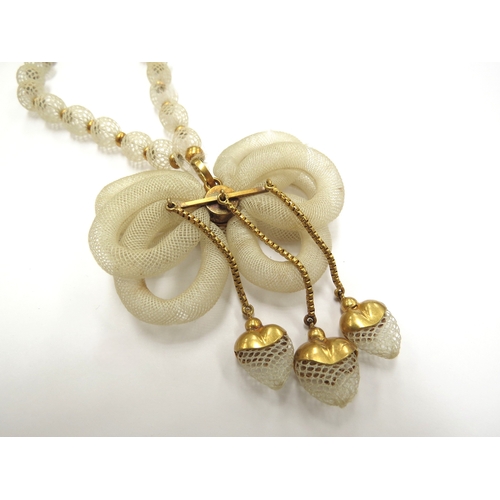 6418 - A Victorian woven hair bead necklace with woven triple bow hung with three heart shape drops, unmark... 