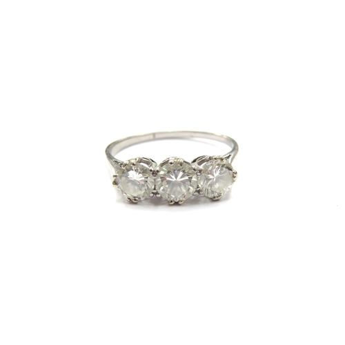 6135 - A platinum three stone diamond ring 1.80ct total approx. Size R, 3.7g