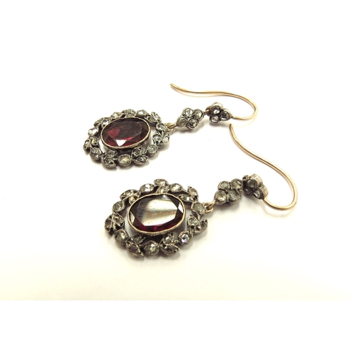 6004 - A pair of Edwardian old cut diamond and garnet drop earrings, 3.5cm drop, 3.2g