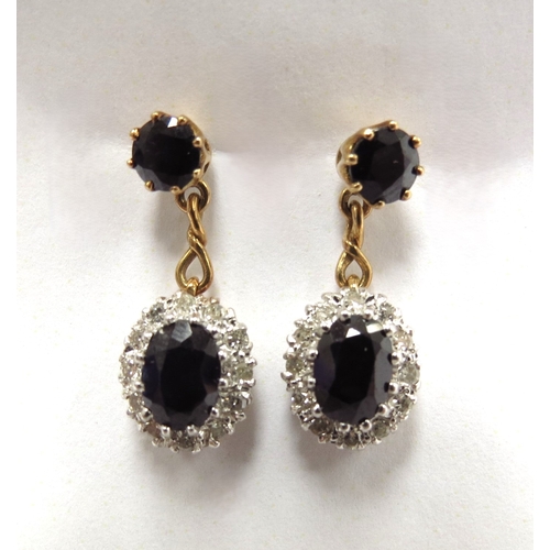 6013 - A pair of 18ct gold diamond and sapphire cluster drop earrings, 2.3cm, 4.9g