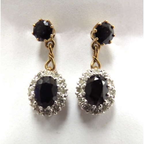 6013 - A pair of 18ct gold diamond and sapphire cluster drop earrings, 2.3cm, 4.9g