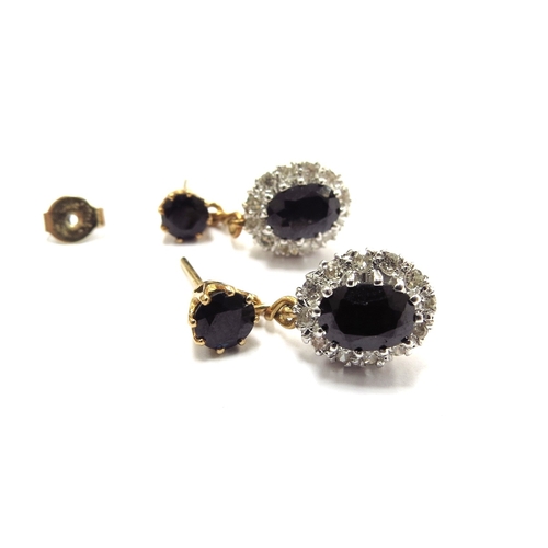 6013 - A pair of 18ct gold diamond and sapphire cluster drop earrings, 2.3cm, 4.9g