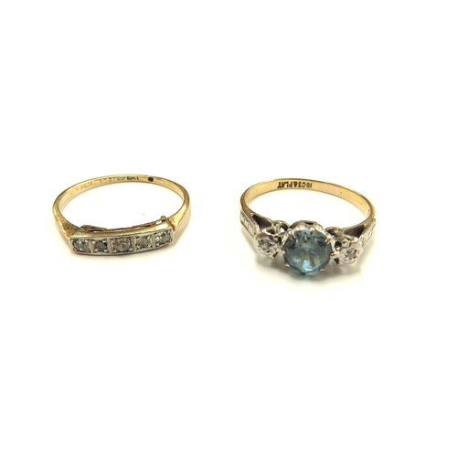 6090 - Two 18ct gold/plat set rings one with five small diamonds, mount bent, size O the other diamond and ... 