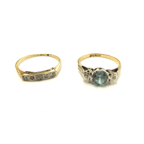 6090 - Two 18ct gold/plat set rings one with five small diamonds, mount bent, size O the other diamond and ... 