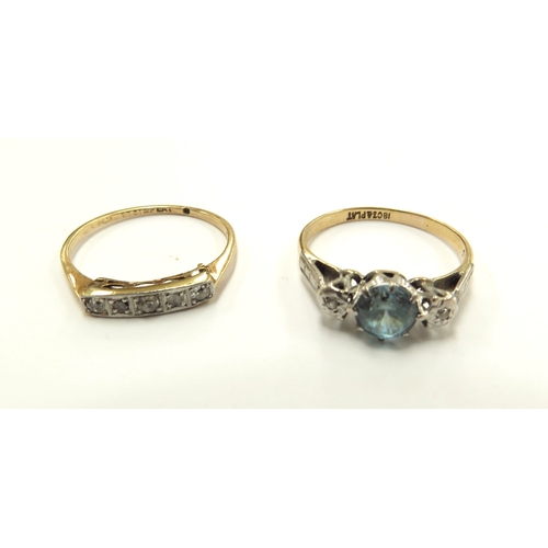 6090 - Two 18ct gold/plat set rings one with five small diamonds, mount bent, size O the other diamond and ... 