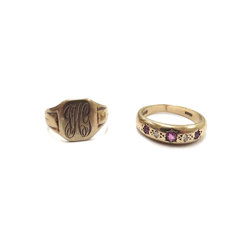 6069 - A 9ct gold monogrammed signet ring, size I, 2.8g and a 9ct gold ruby and diamond gypsy ring in rub o... 