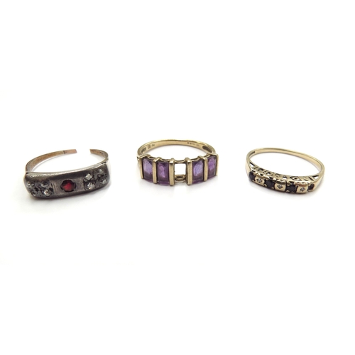 6076 - Two 9ct gold rings a/f including amethyst and sapphire and diamond examples (worn) and a gold ring s... 