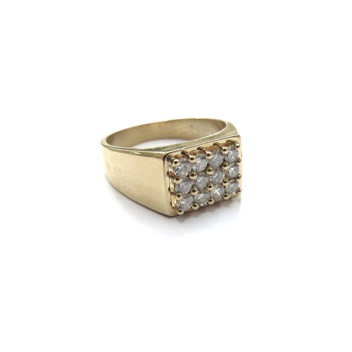 6141 - A 9ct gold ring set with twelve round cut diamonds in rectangular setting. Size T, 6.7g