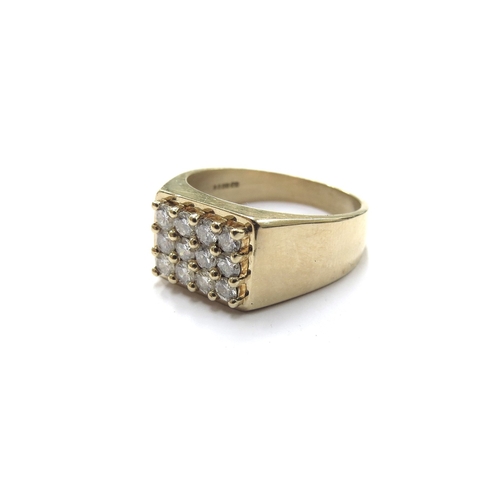 6141 - A 9ct gold ring set with twelve round cut diamonds in rectangular setting. Size T, 6.7g