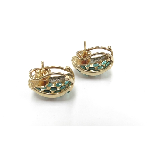 6264 - A pair of gold Columbian emerald and diamond earrings, stamped 14k, 9.4g