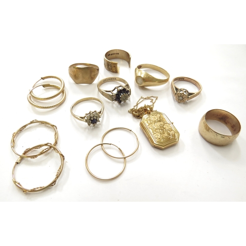 6111 - A bag of mostly 9ct gold items including rings, gold chain, hoop earrings etc 18g total marked gold