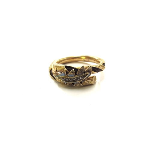 6045 - A Victorian woven hair memorial ring with unmarked gold outer, blue enamel leaf with old cut diamond... 