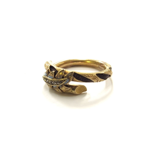 6045 - A Victorian woven hair memorial ring with unmarked gold outer, blue enamel leaf with old cut diamond... 