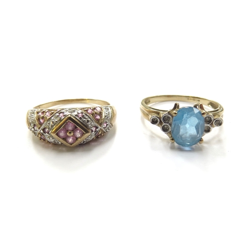 6108 - Two 9ct gold rings including topaz and diamond and pink stone cluster, sizes S/T and S, 5.7g