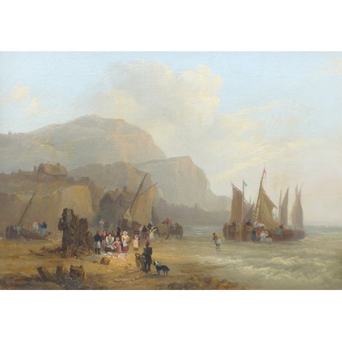 7022 - FREDERICK CALVERT (c1785-1845) An oil on canvas titled 'Unloading The Catch' depicting figures and c... 