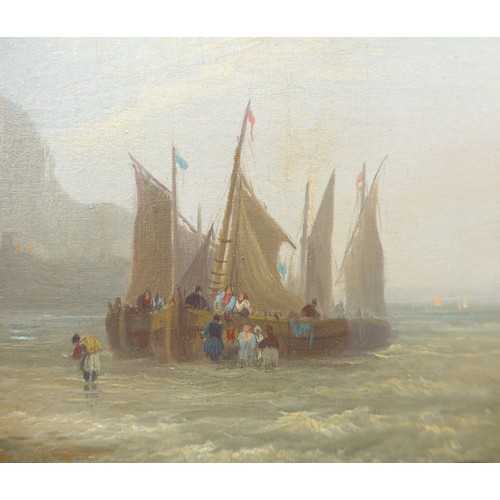 7022 - FREDERICK CALVERT (c1785-1845) An oil on canvas titled 'Unloading The Catch' depicting figures and c... 