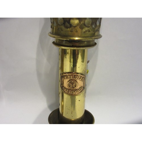 1014 - A pair of brass reproduction wall lights bearing copper plaque 'White Star Liverpool'. 32cm tall.