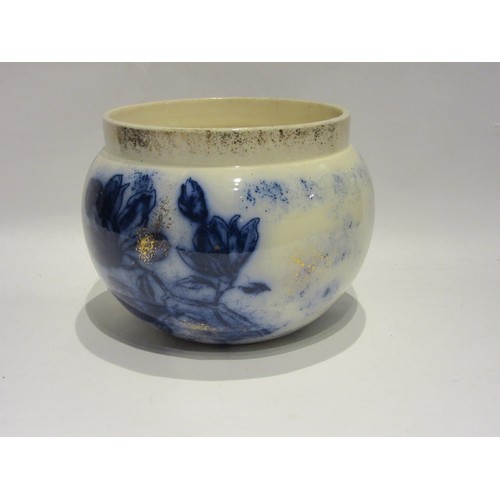 1008 - A box of miscellaneous ceramics to include a flow blue jardiniere, ironstone miniature chamber pot, ... 