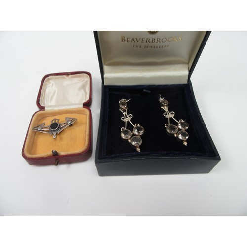 6417 - A pair of paste set chandelier earrings and 925 marked deco brooch (2)