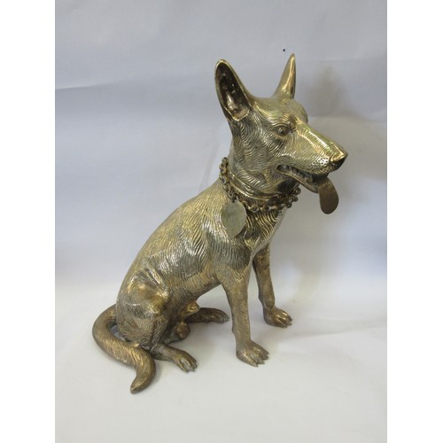 1045 - A 20th Century cast brass statue of a seated dog with chain link collar, 54cm tall.