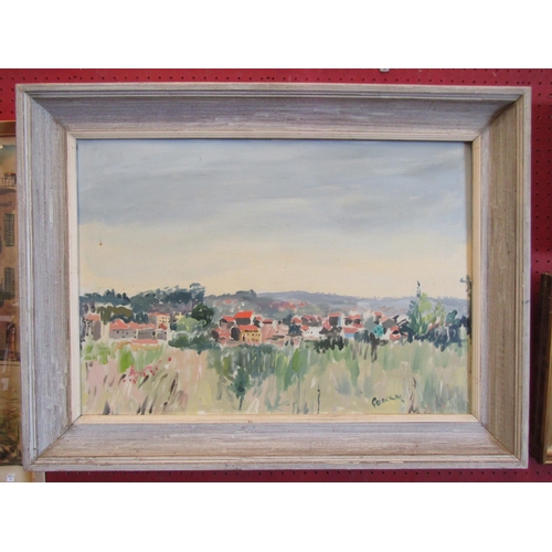 1107 - A mid-20th Century oil on canvas, Continental town in landscape. Signed 'Gower' bottom right. Image ... 