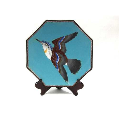 1210 - A 19th Century fine blue cloisonné octagonal charger decorated with flying bird, 29.5cm x 29.5cm