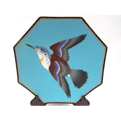 1210 - A 19th Century fine blue cloisonné octagonal charger decorated with flying bird, 29.5cm x 29.5cm